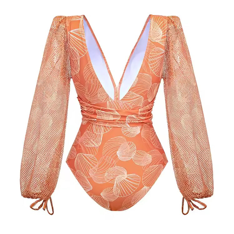 V Neck Shell Print Decor Long Sleeve One Piece Swimsuit and Skirt