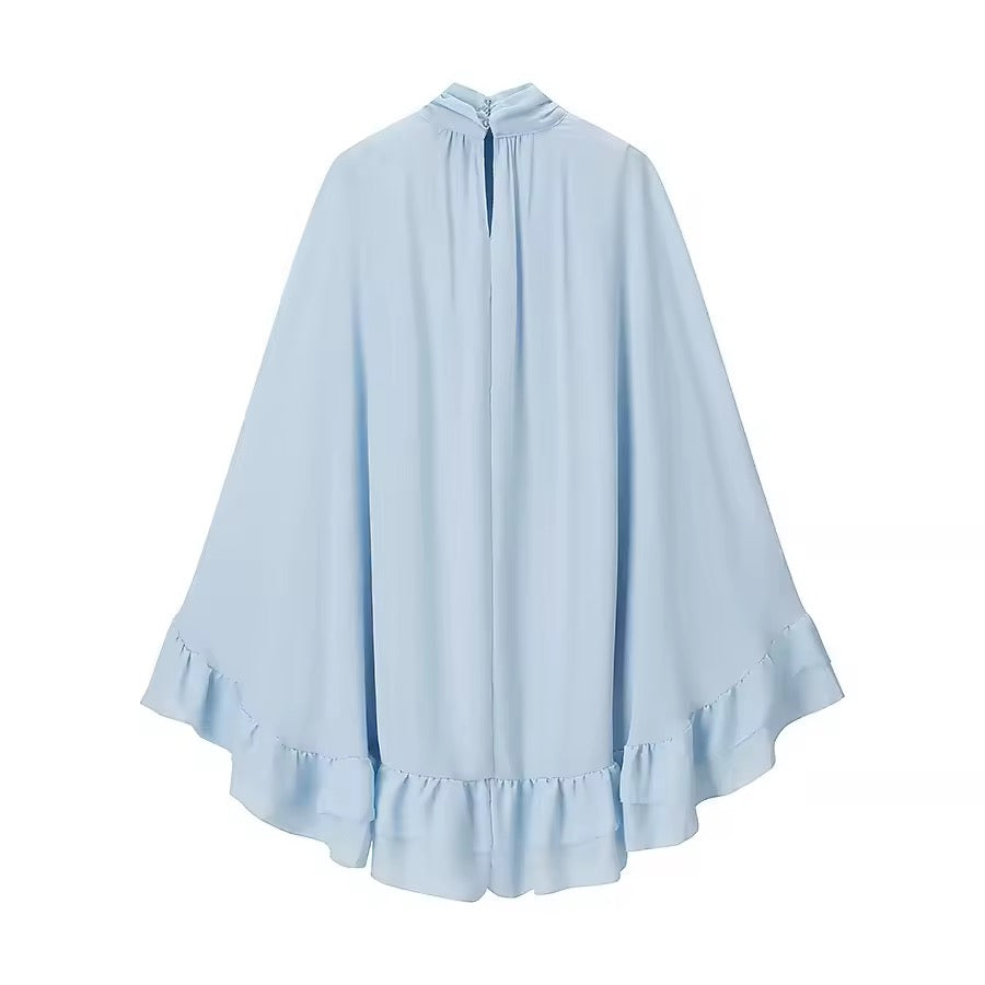Ruffle Mini Dress Chiffon Loose High Neck Trumpet Sleeve Blue Dress