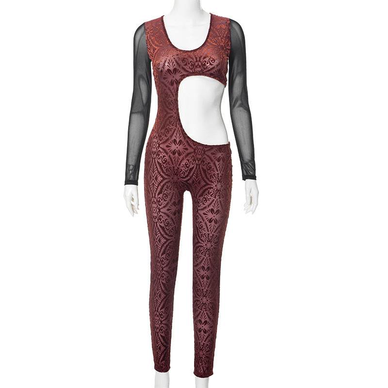 Mesh Long Sleeve U Neck Hollow Out Cutout Sexy jumpsuit - REBECATHELABEL