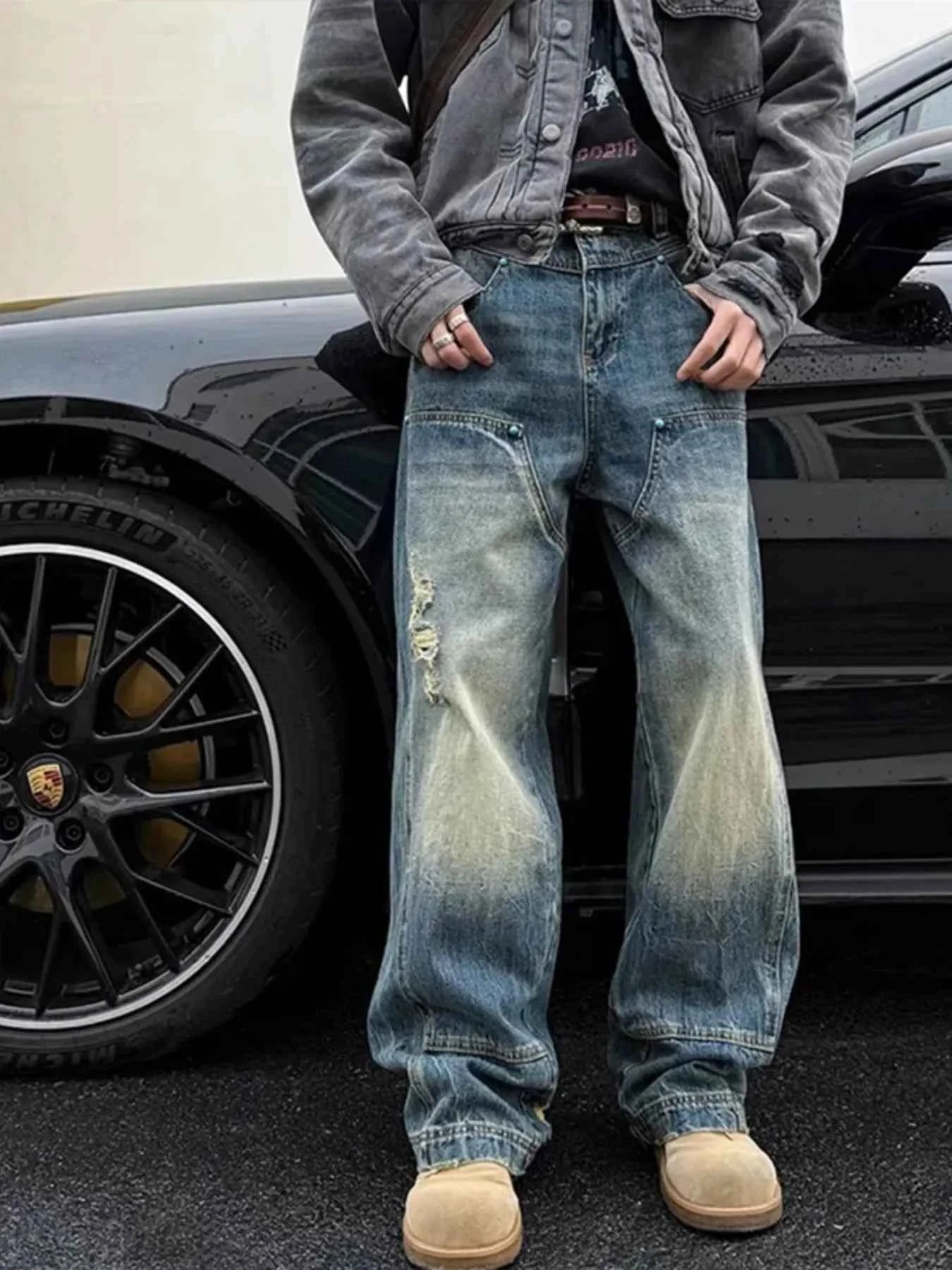 Men's Full Size Distressed Wide Leg Jeans Plus Size