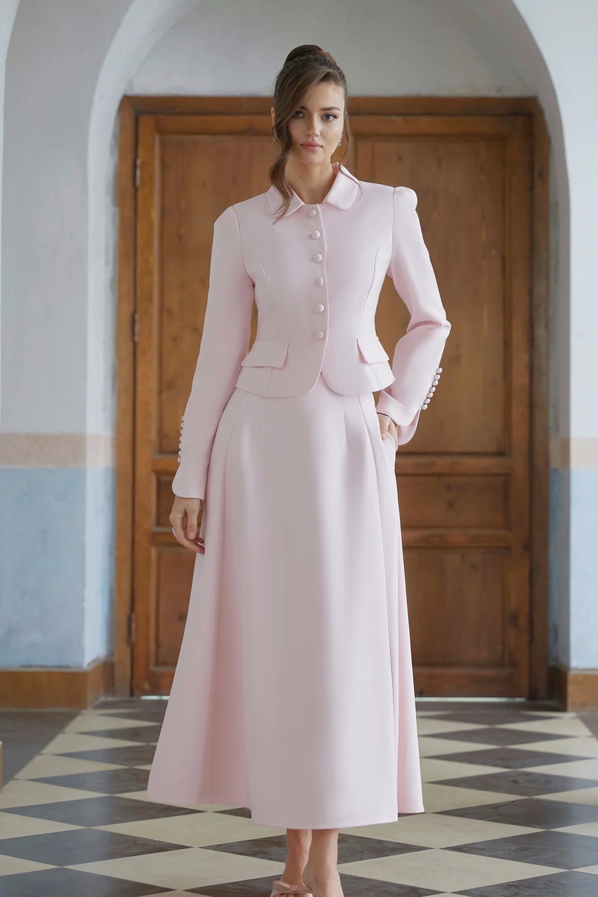 Pink Peter Pan Collar Jacket & Skirt Set