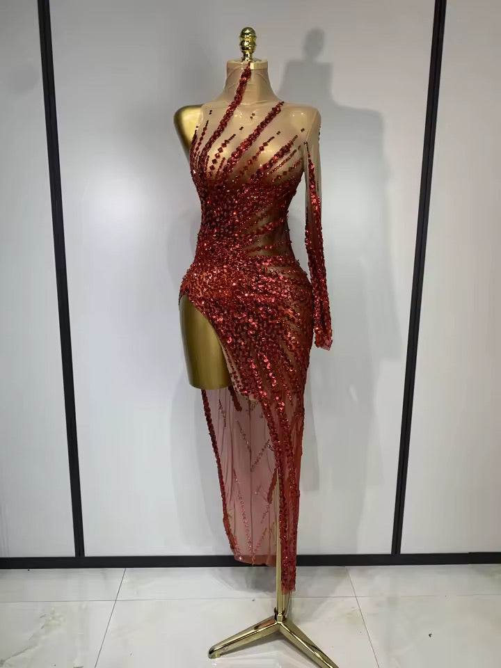 Red Mesh See Through Diamonds Sequins Dress