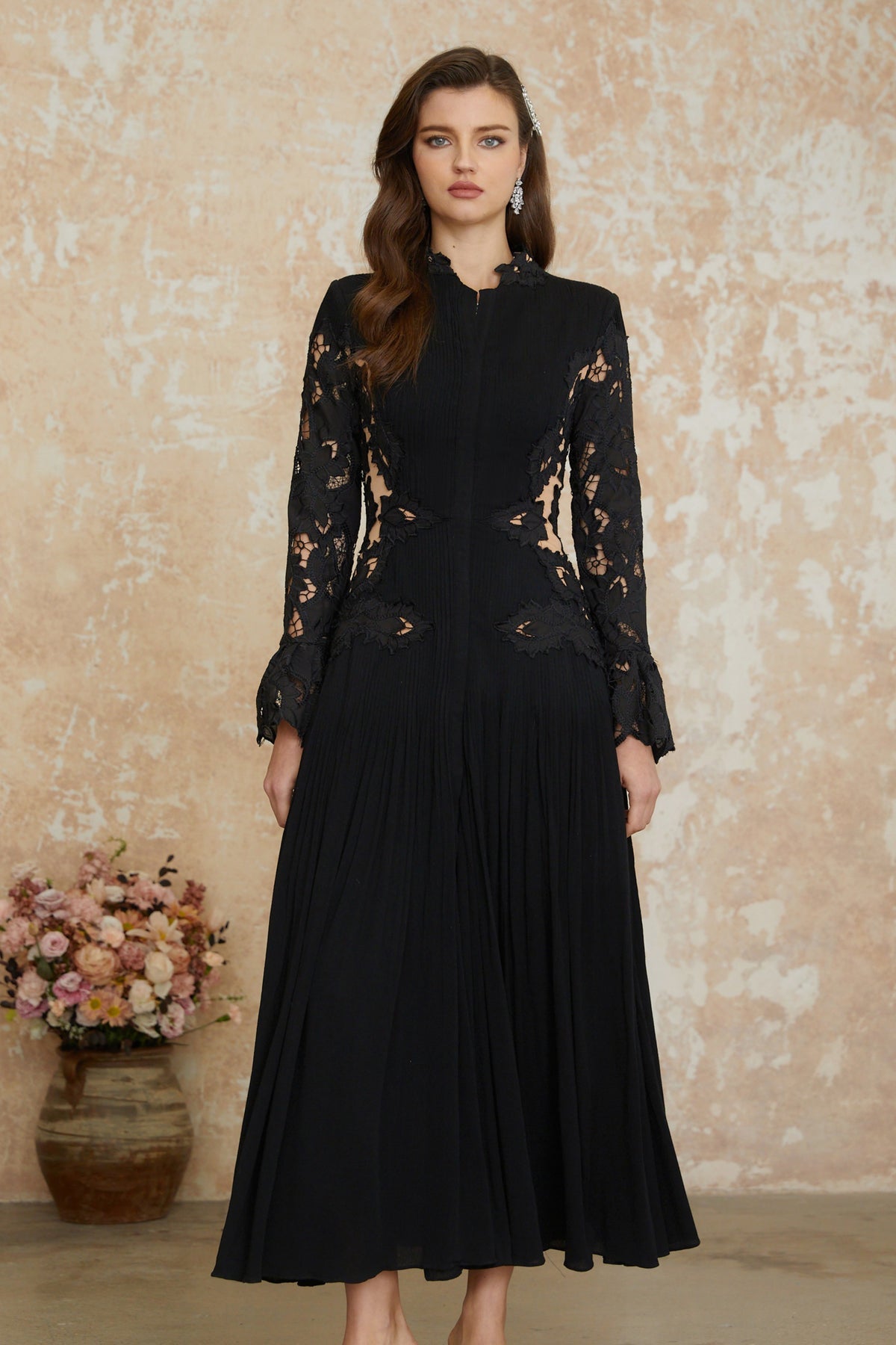 Black Lace Panel Pleated Midi Dress