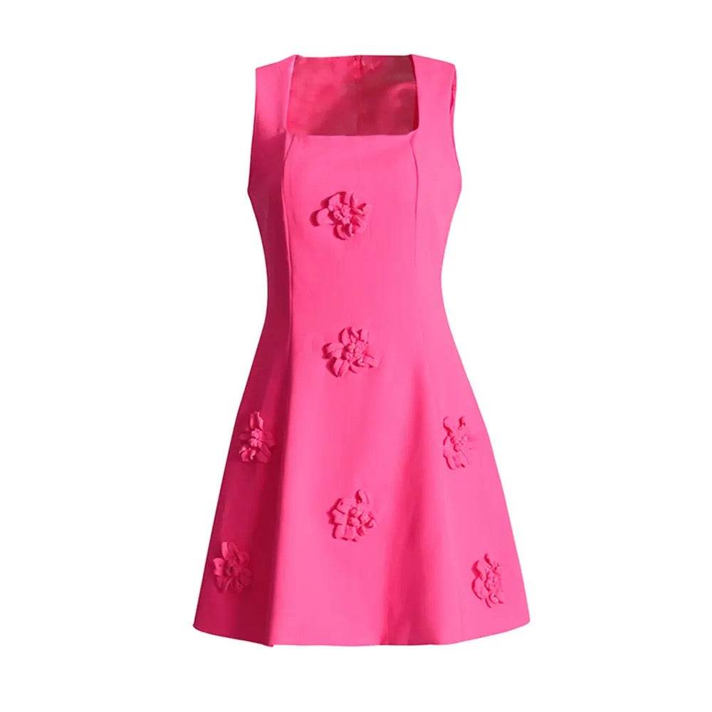 Pink 3D Flower Details A-line Sleeveless Mini Dress - REBECATHELABEL
