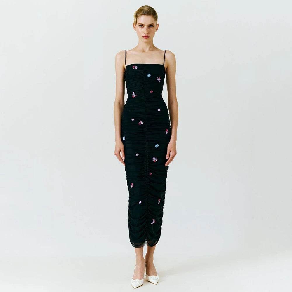 Sleeveless Tight Folded Mesh Diamond Midi Dress - REBECATHELABEL