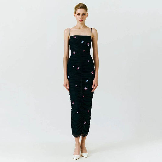 Sleeveless Tight Folded Mesh Diamond Midi Dress - REBECATHELABEL