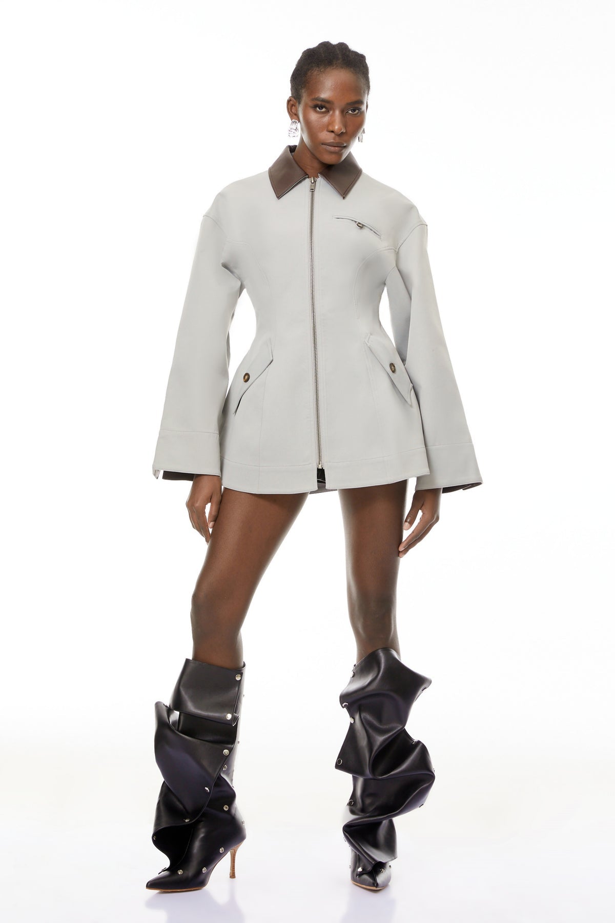 Grey Faux Leather Collar Hunting Jacket