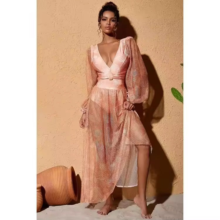 V Neck Shell Print Decor Long Sleeve One Piece Swimsuit and Skirt