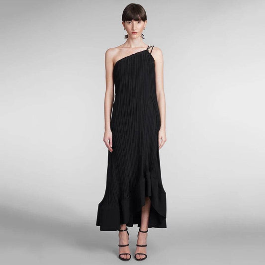 One Shoulder Sleeveless Asymmetric Folded Loose Ruffle Dress - REBECATHELABEL