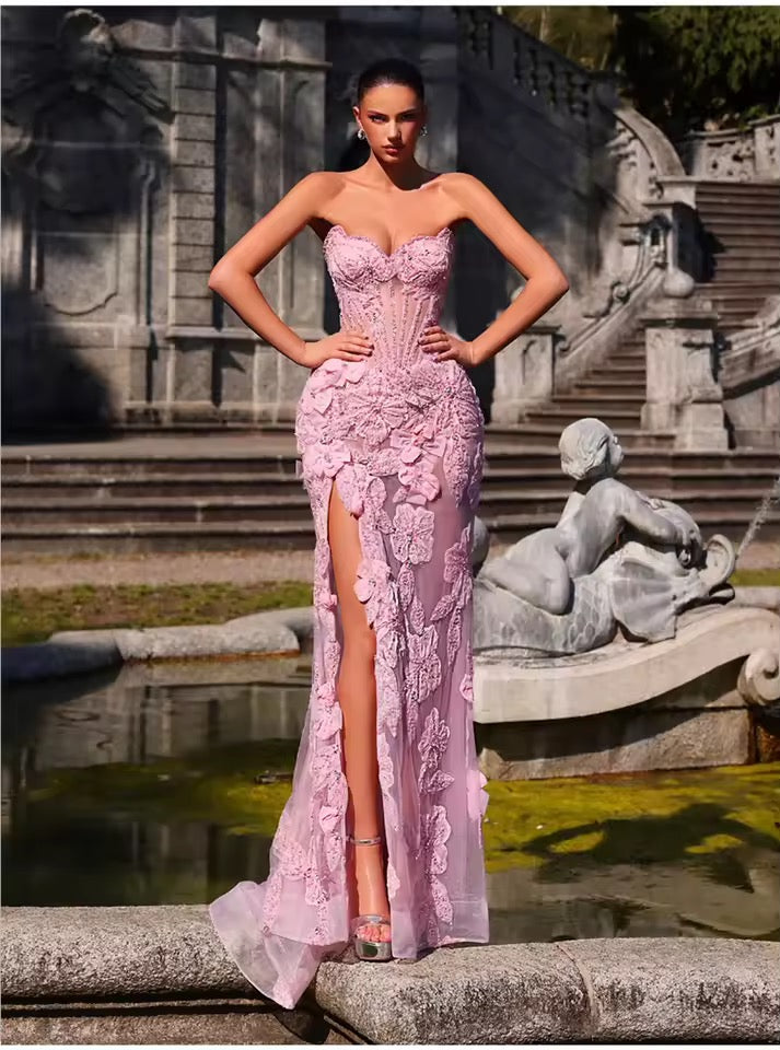 Three-dimensional Heavy Industry Dish Flower Beading Sexy Tube Top Split Party Dress