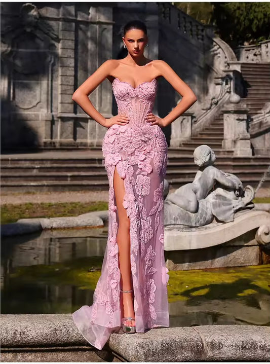 Three-dimensional Heavy Industry Dish Flower Beading Sexy Tube Top Split Party Dress