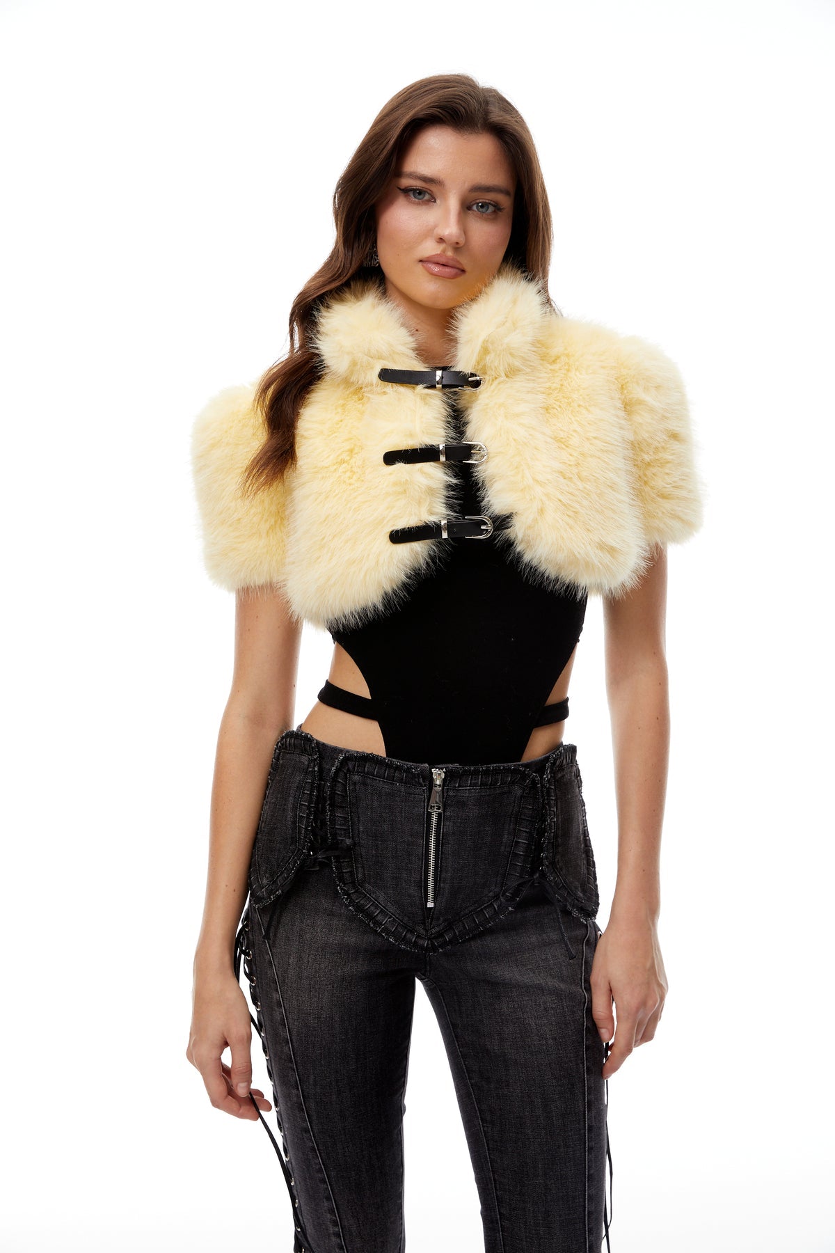 Yellow Faux Fur Buckle Up Shrug