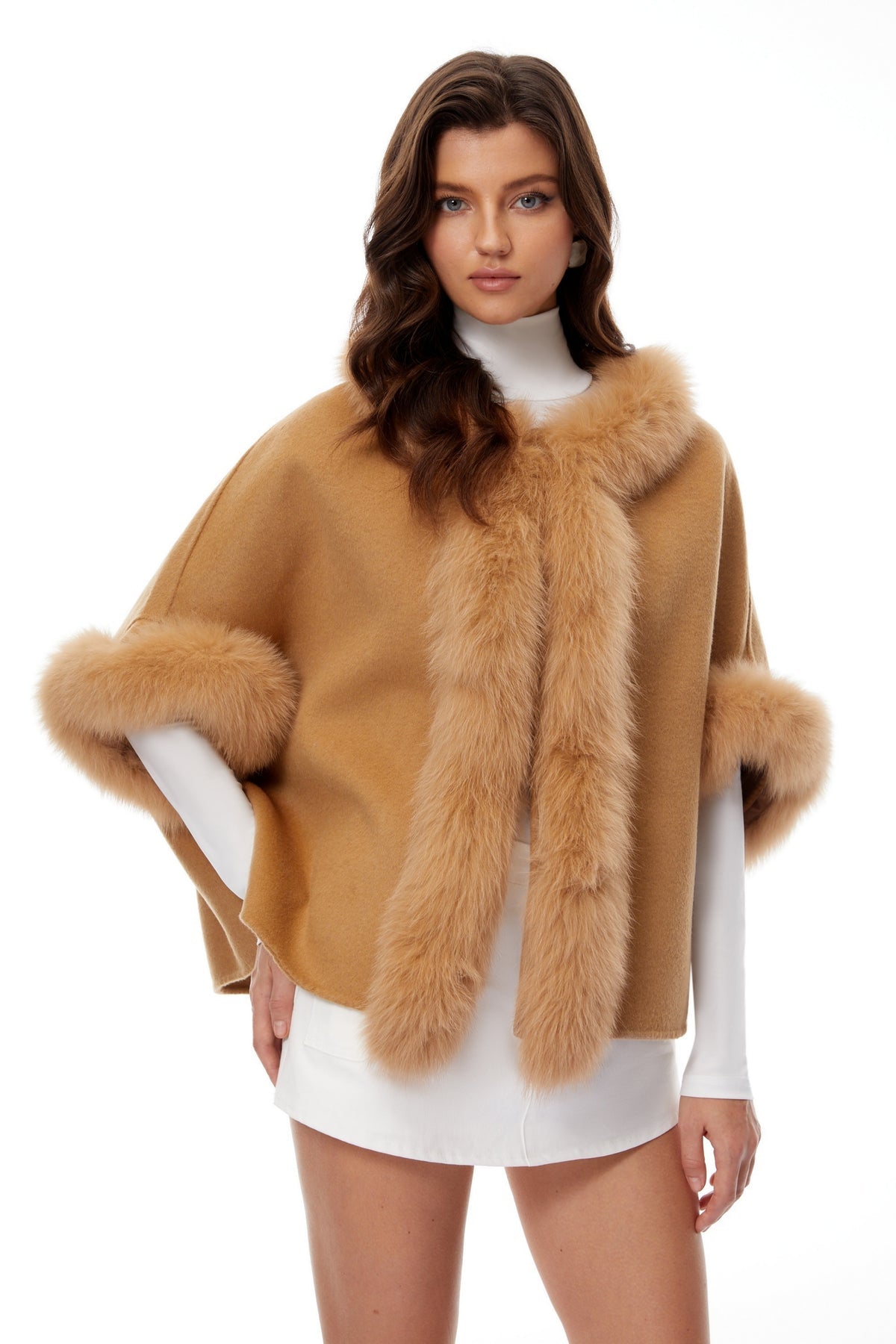 Light Brown Fur Panel Wool Cape Coat