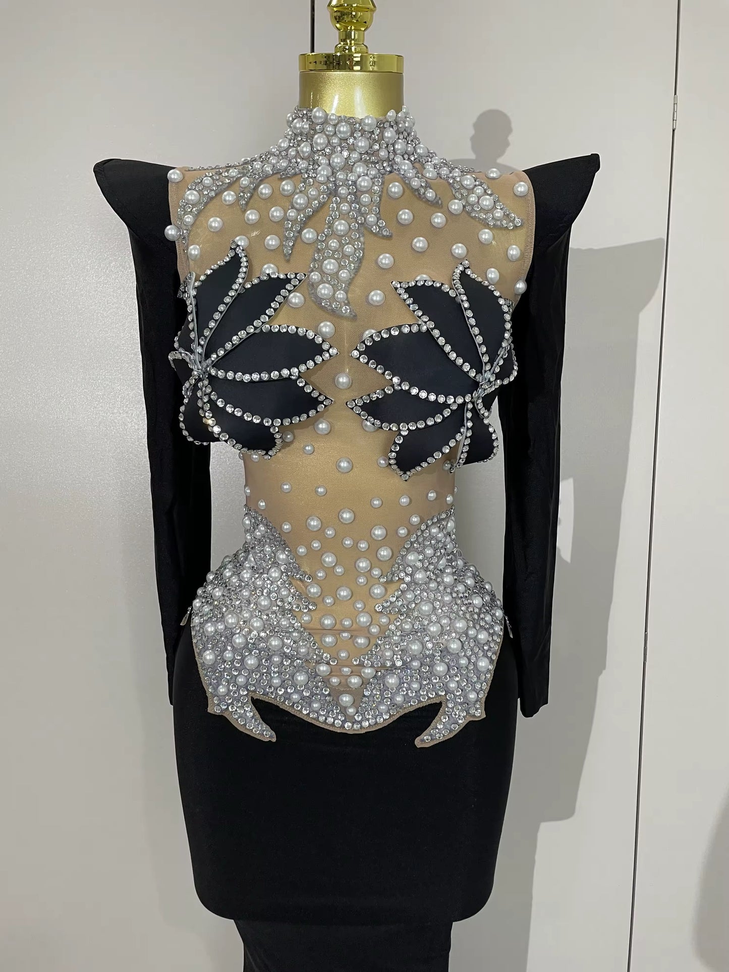 Sparkly Diamonds Pearl Black Sexy See Through Mesh Long Dress