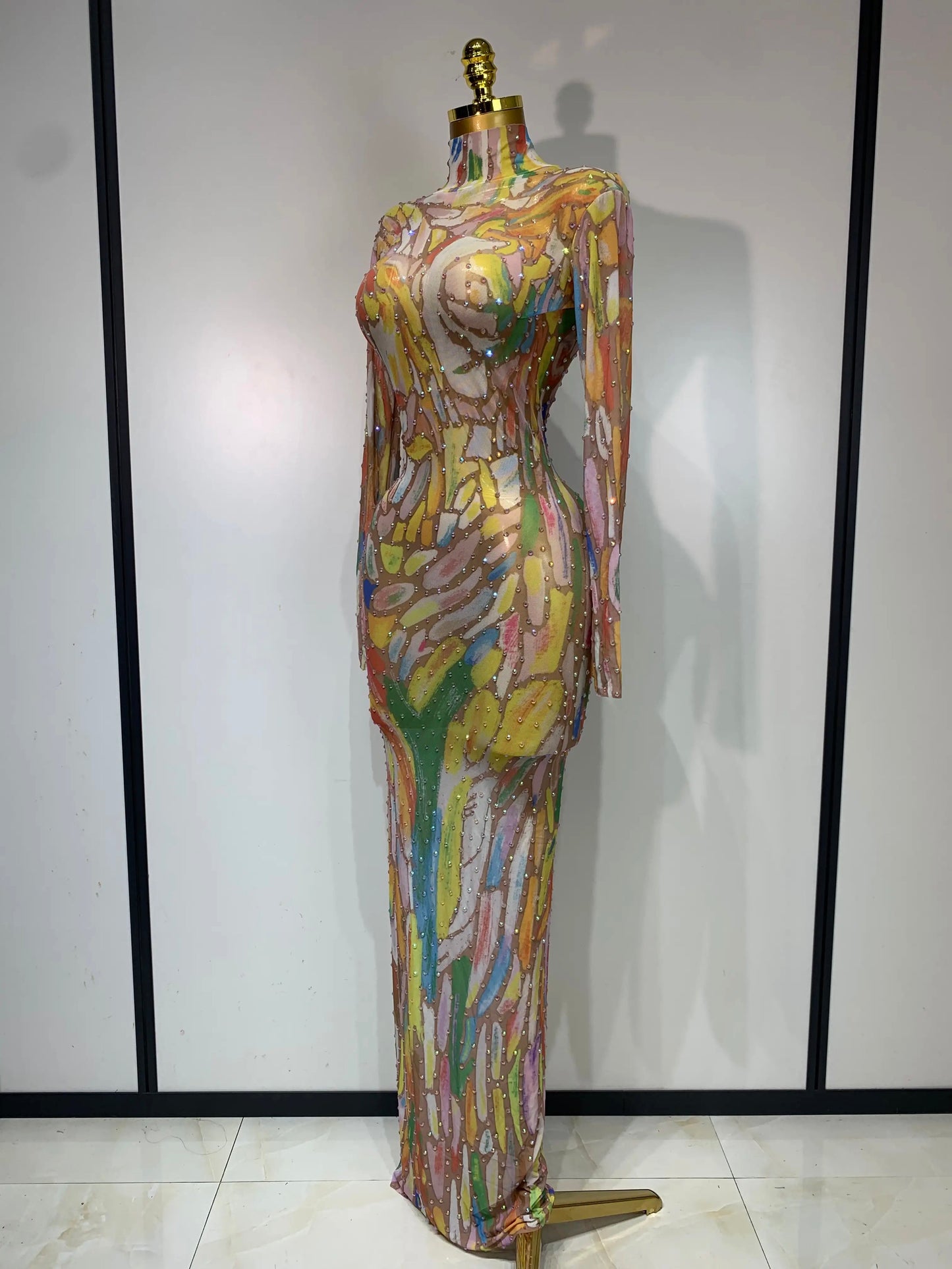 Sparkly Rhinestone Stretchy Mesh See Through dress