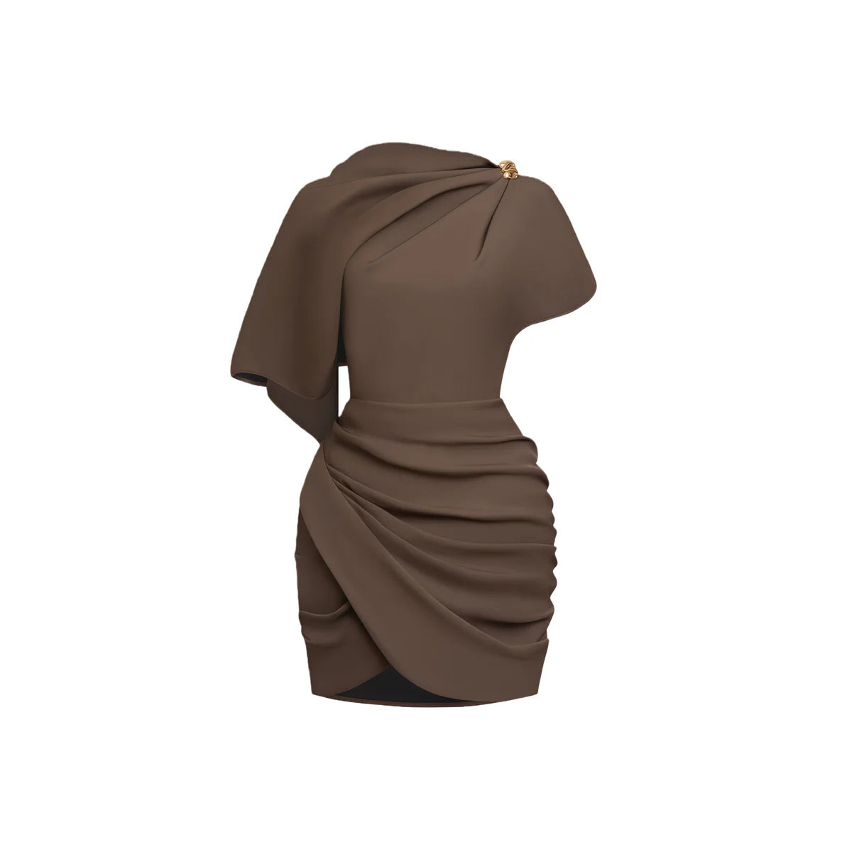 Brown Asymmetrical Gathered Mini Dress