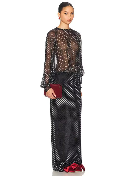 Black Dot Long Sleeve See-Through Maxi Dress
