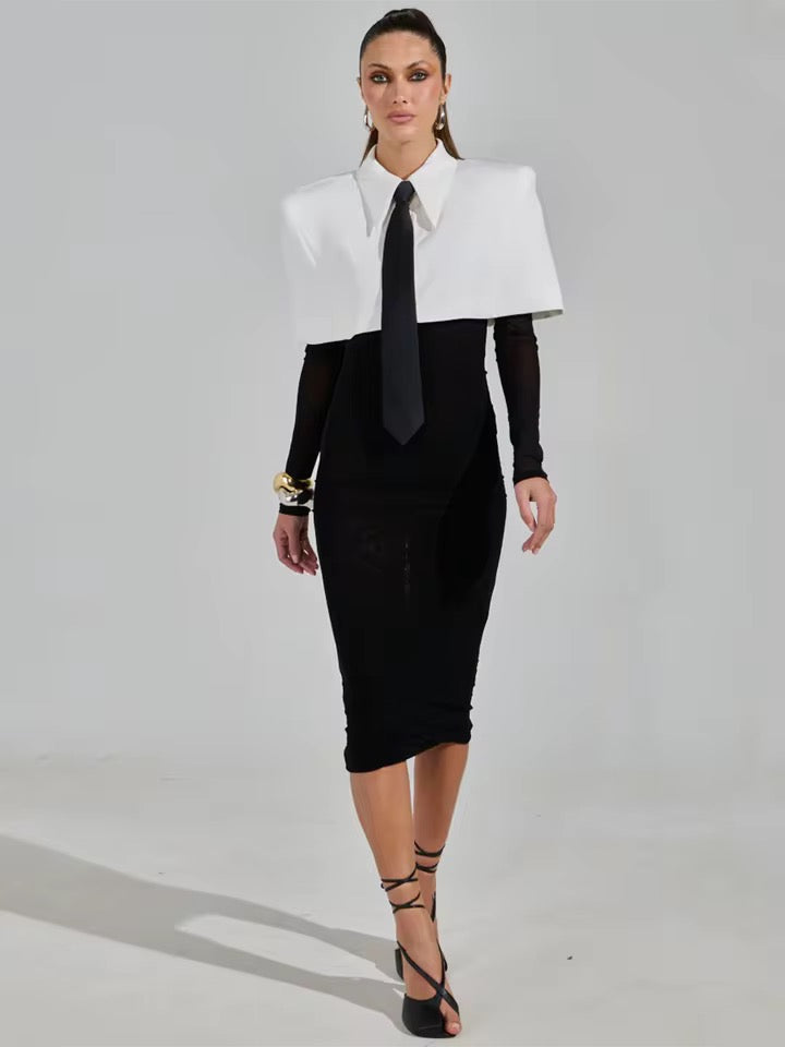 Lapel Slim Midi Shirt Dress Long Sleeved Sexy Mesh set