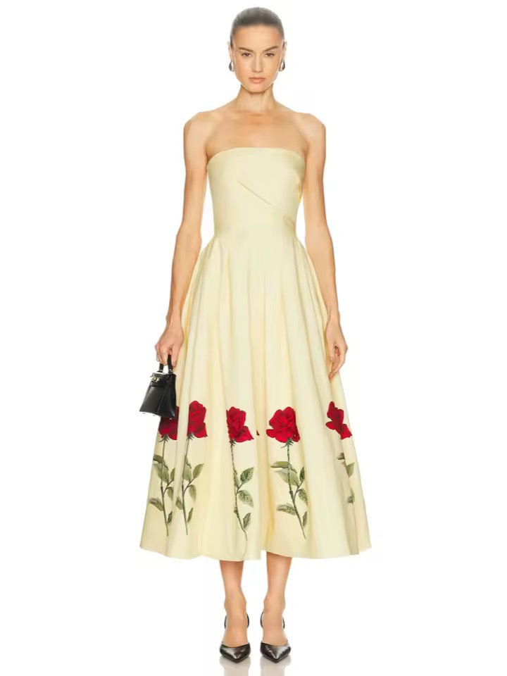 Strapless Rose Floral Printed Midi Dress