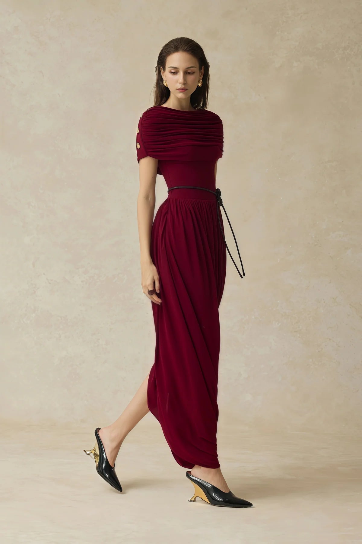 Burgundy Shawl Design Draped Maxi Dress