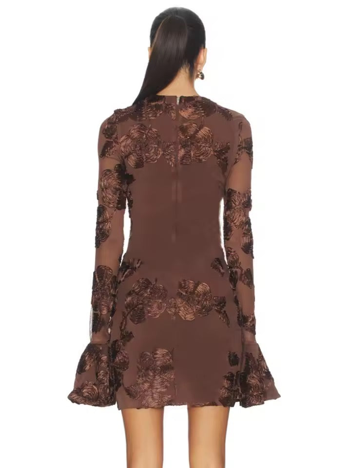 Cocktail Hour Elegance Chocolate Brown Floral Sheer Bell-Sleeve Mini Dress