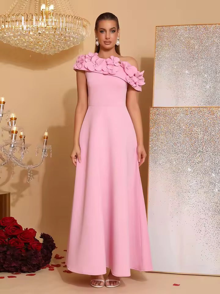 Pink Appliques A-line Dress Slanted Collar High Waist Pleats Long Dress