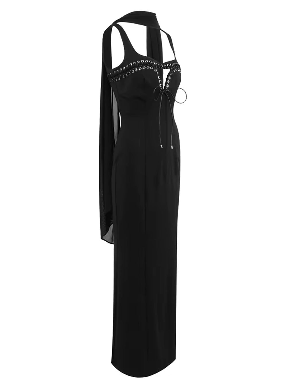 High Waisted Slim Long Dress With Ribbon Sleeveless Hollow Out dress