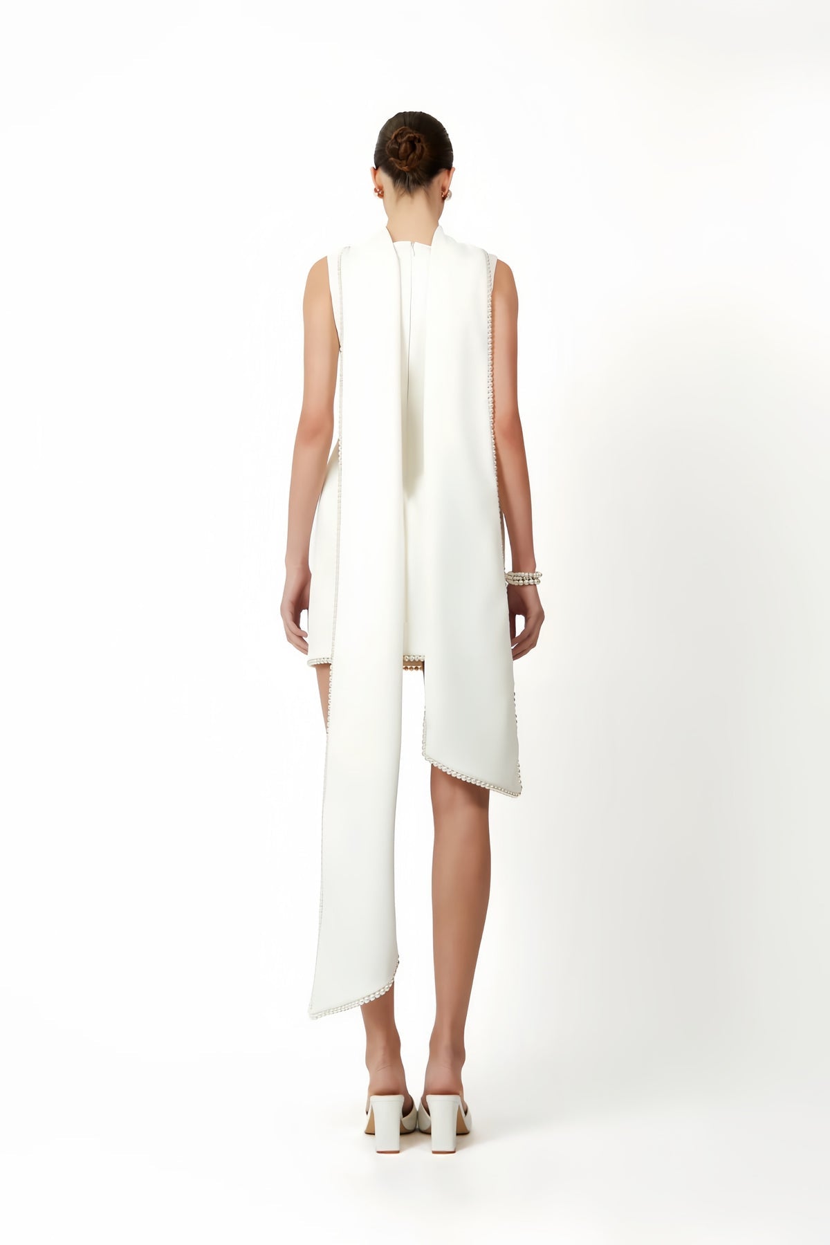 White Sleeveless Pearl Trim Mini Dress