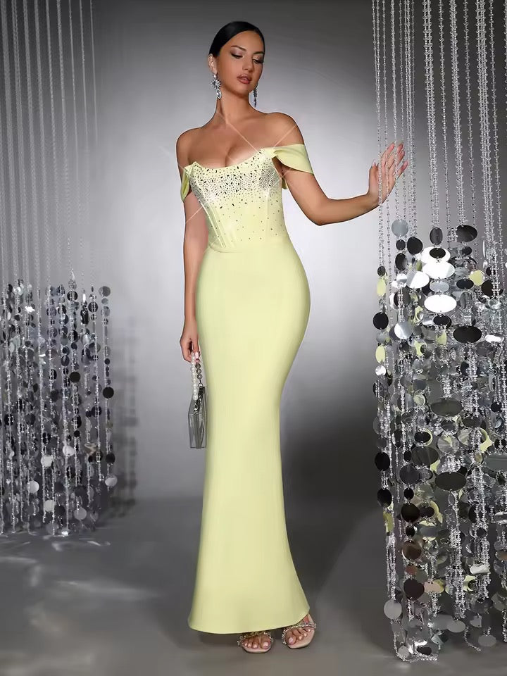 Diamond Sleeveless Off Shoulder Tight Long Dress