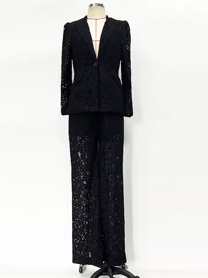 Black Sheer Lace Blazer & Trousers Matching Set