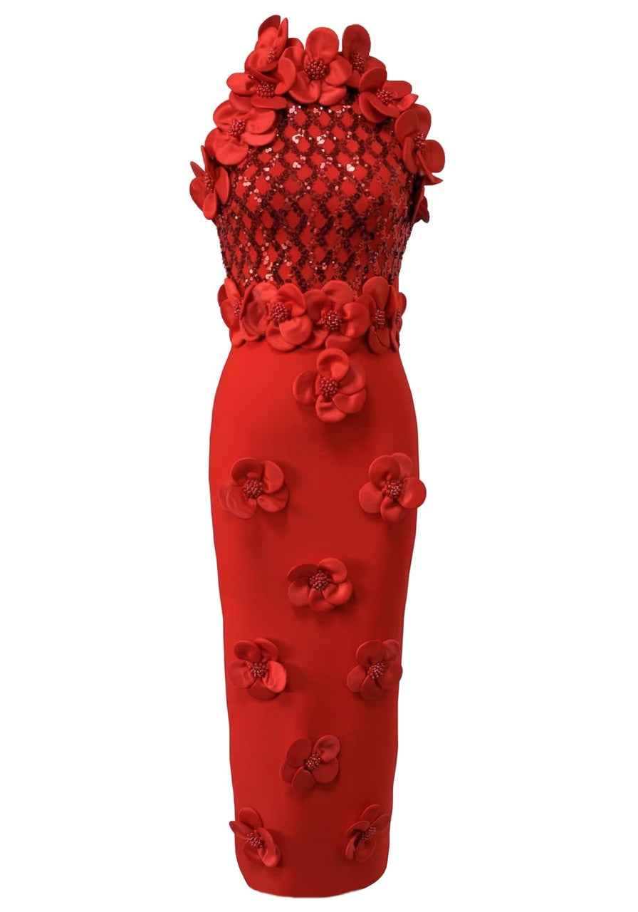 Floral Sequin Maxi Dress Red