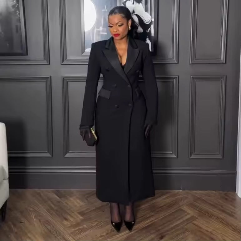 black double-breasted long coat