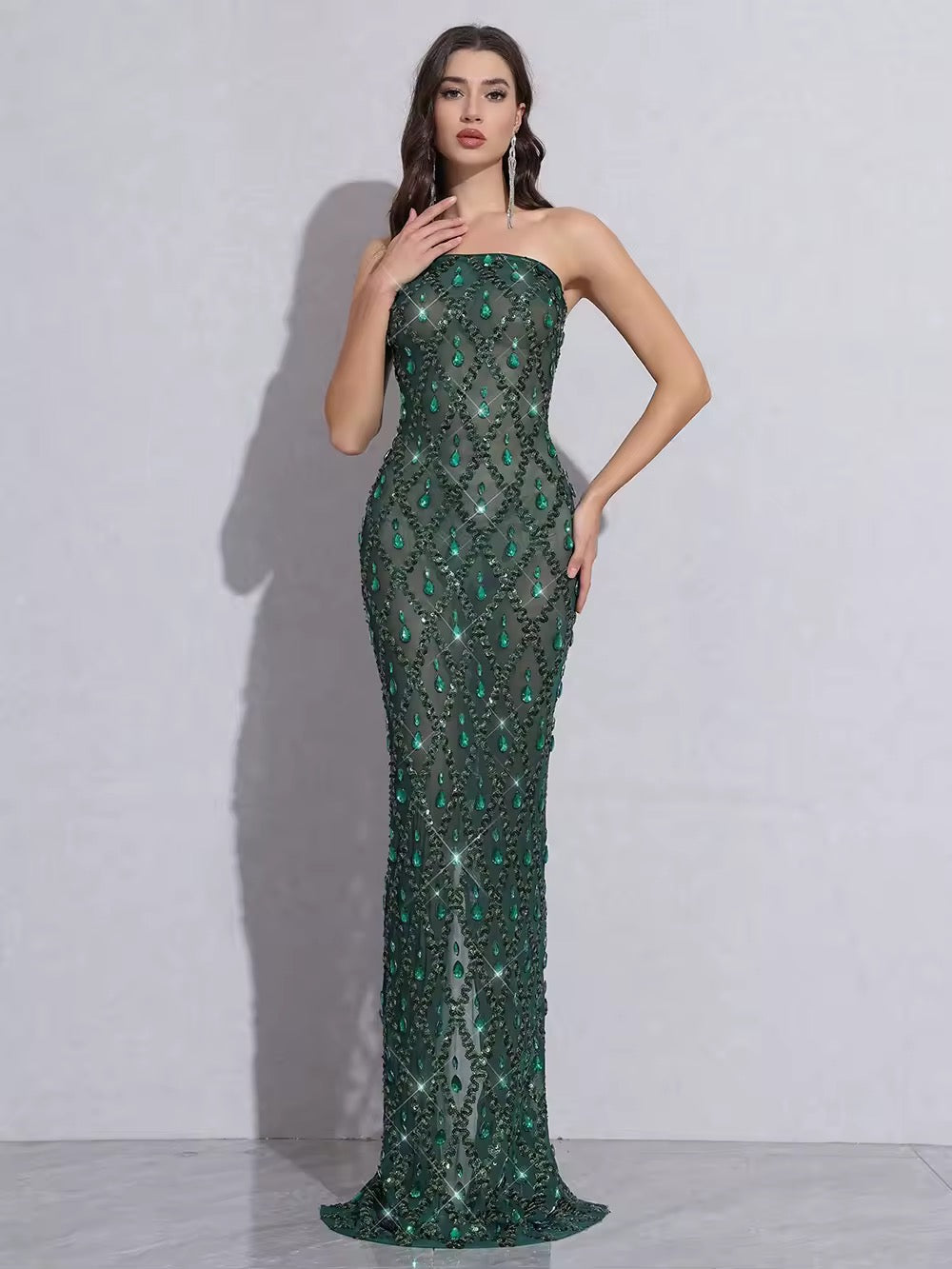 Diamond Sequin Mesh Elastic Long Dress