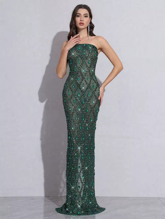 Diamond Sequin Mesh Elastic Long Dress