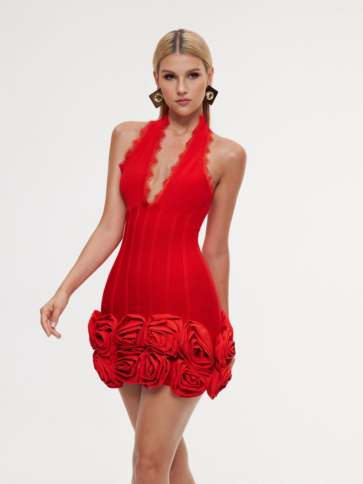 Halterneck Flower Bandage Mini Dress In Red