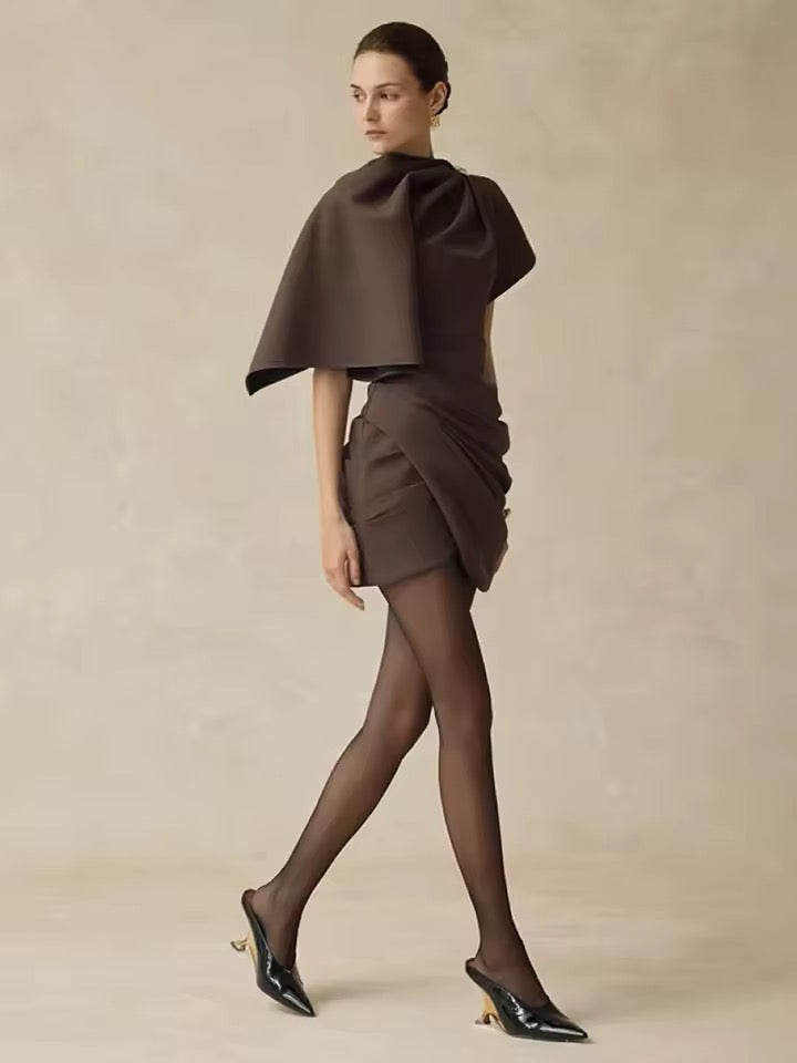Brown Asymmetrical Gathered Mini Dress