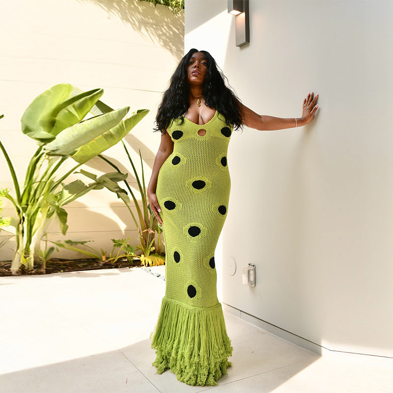 See Through Knitted Maxi Dress Hollow Out Deep