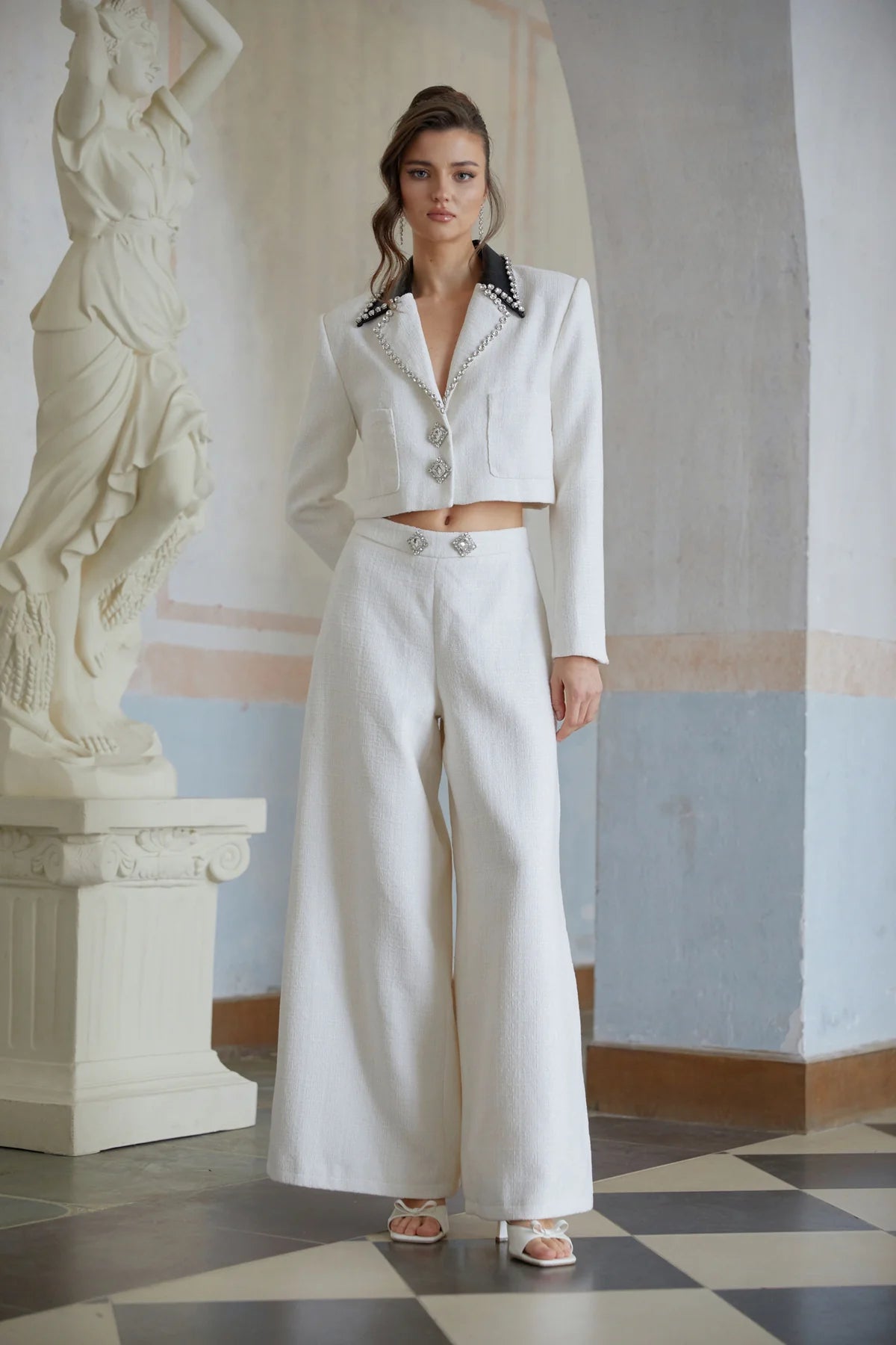 White Embellished Tweed Jacket & Trousers Set