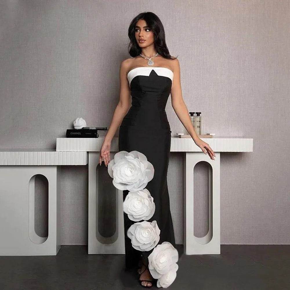 Splicing Strapless 3D Flower Sexy Split Mermaid Long Bandage Dress - REBECATHELABEL