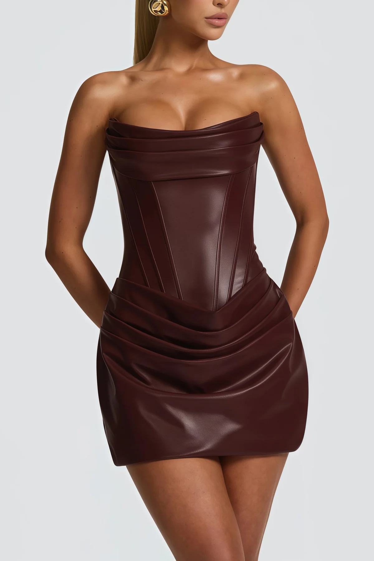 Brown Ruched Leather Bodycon Mini Dress