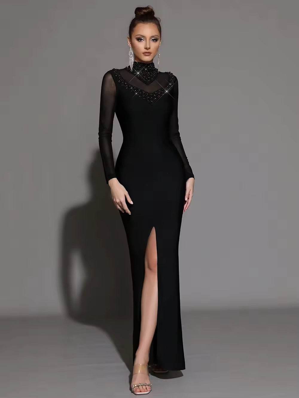 Black Long Sleeves Turtleneck Beaded Mesh Bandage Dress - REBECATHELABEL