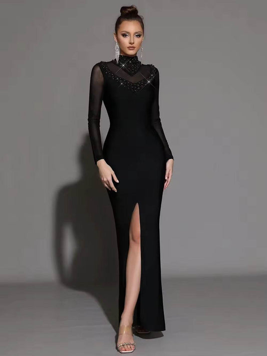 Black Long Sleeves Turtleneck Beaded Mesh Bandage Dress - REBECATHELABEL