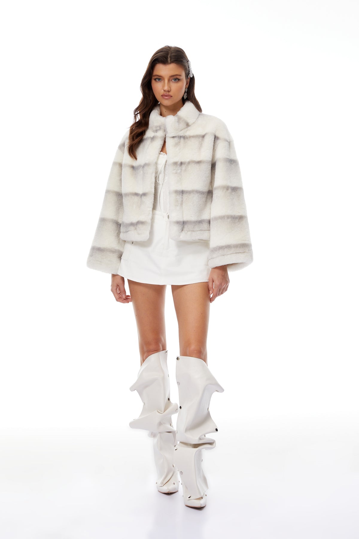 White Gradient Faux Fur Short Coat