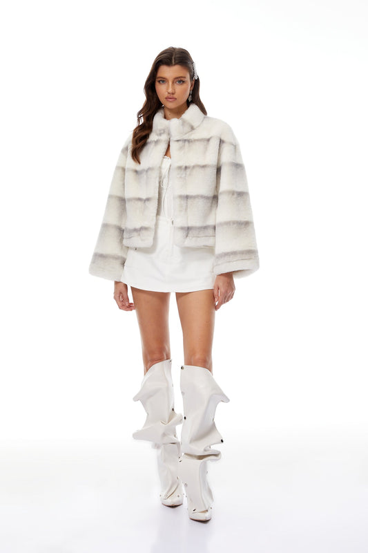 White Gradient Faux Fur Short Coat