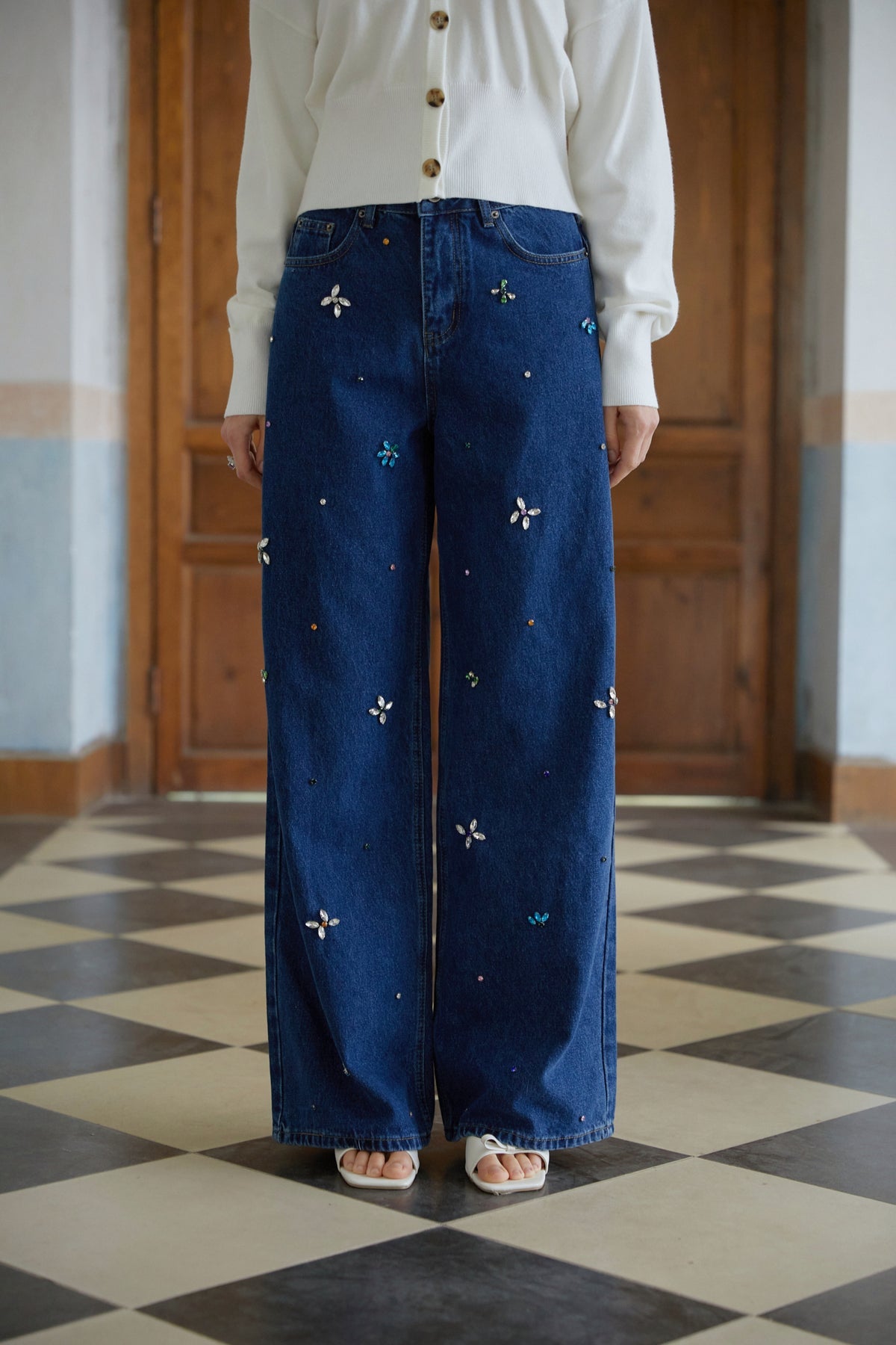 Blue Crystal Floral Jeans