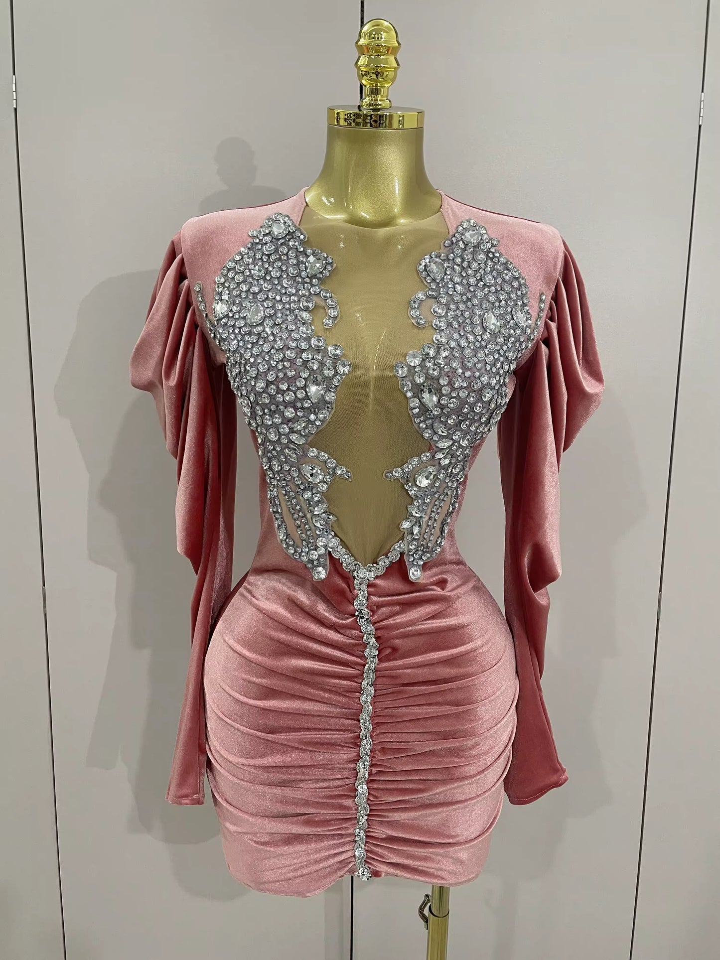 Sparkly Crystals Sexy Mesh Black Velvet Short Dress