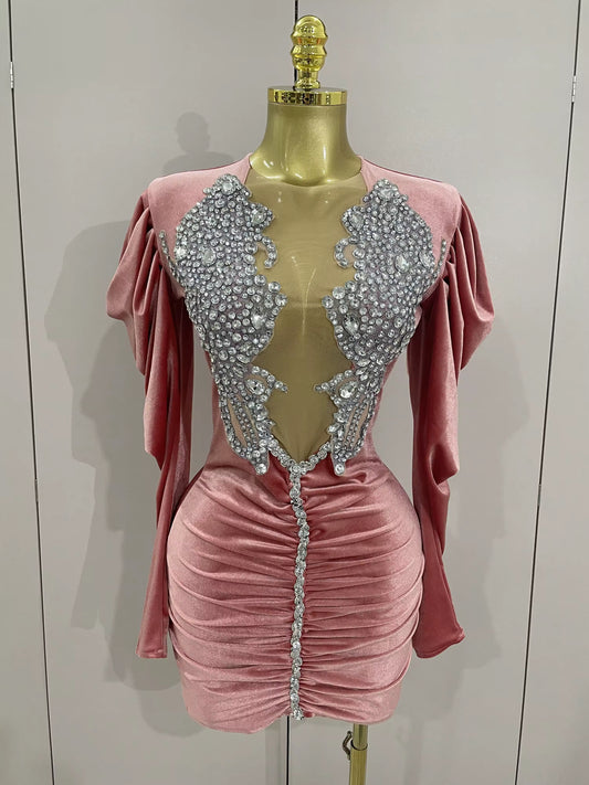 Sparkly Crystals Sexy Mesh Black Velvet Short Dress