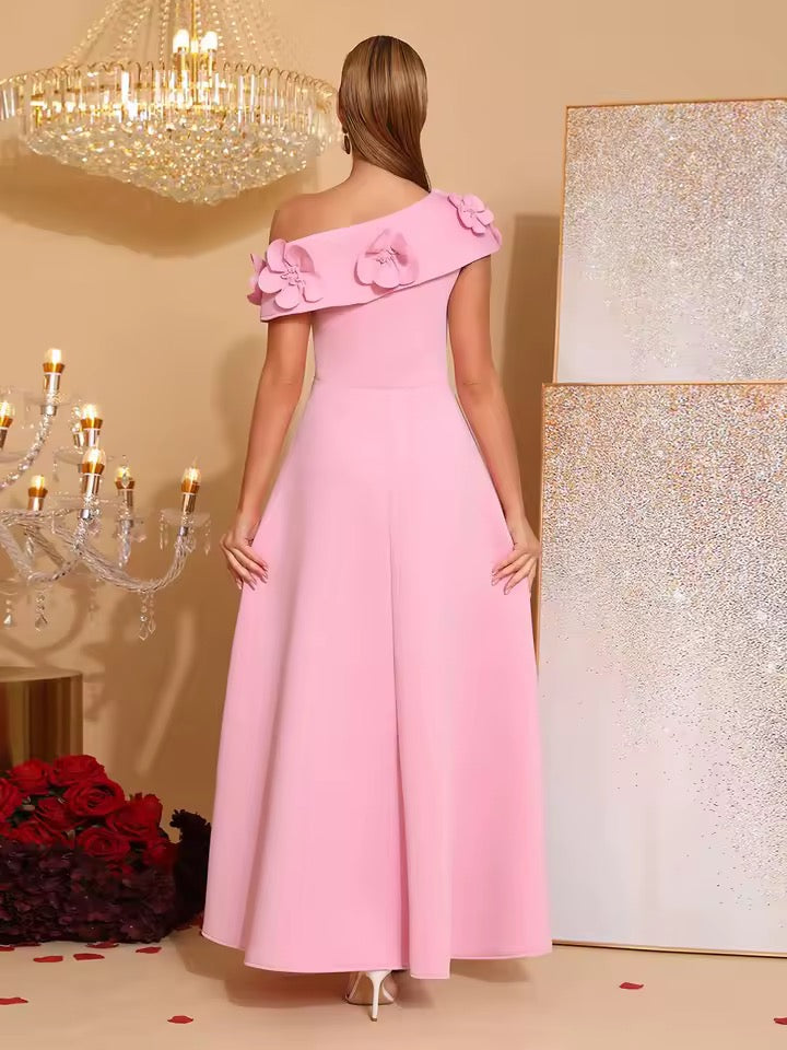Pink Appliques A-line Dress Slanted Collar High Waist Pleats Long Dress