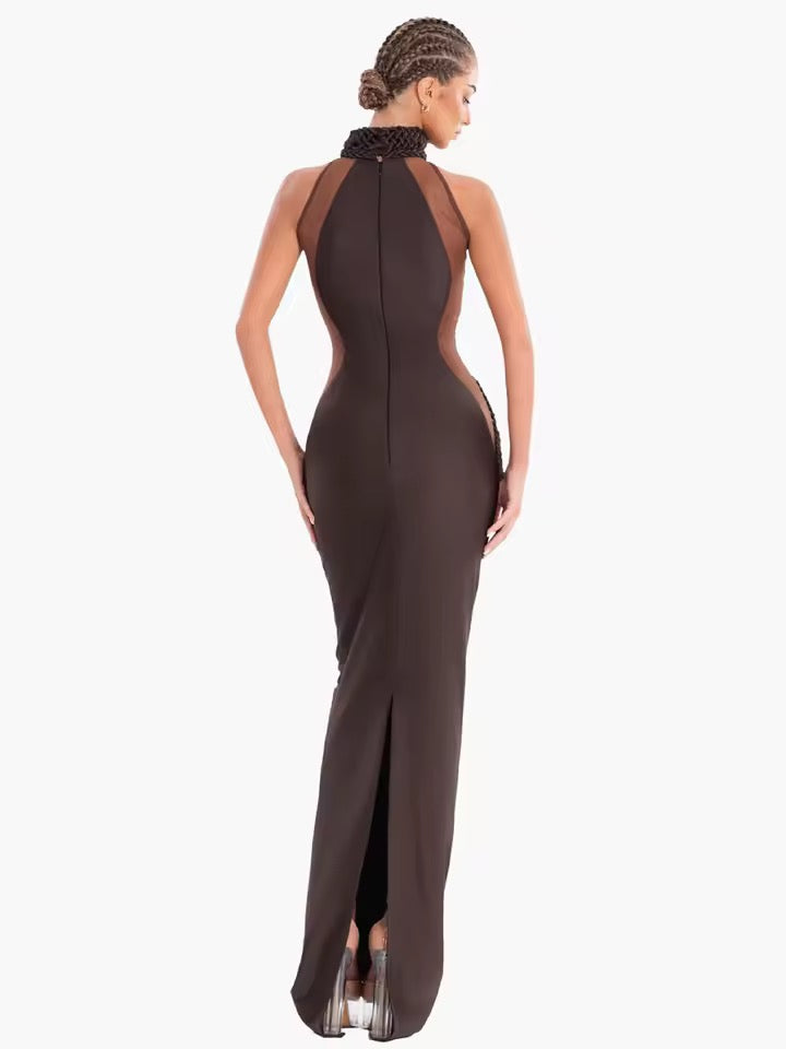 Splicing Braided Rope Design Tight Long Sexy Sleeveless Mesh Maxi Dress