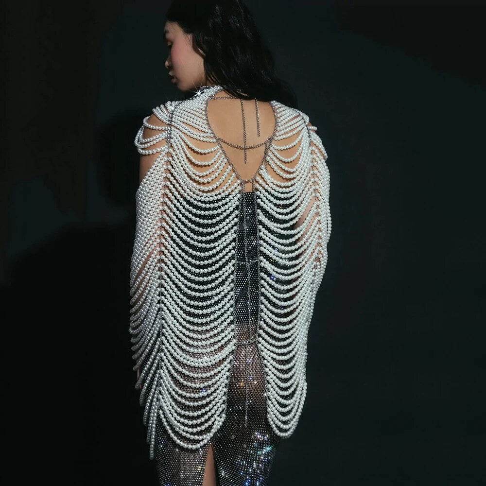 White Black Pearl Beaded Cloak Sexy Slim Fit Mini Dress - REBECATHELABEL